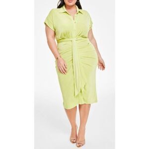 Nina Parker Women's Trendy Plus Size Tie-Front Ruched Shirtdress Daquiri Green 3
